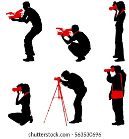 Set cameraman with video camera. Silhouettes on white background. Vector illustration
