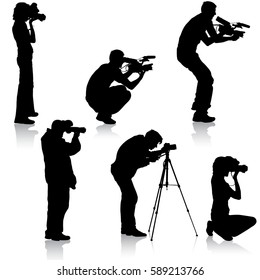 Set cameraman with video camera. Silhouettes on white background. Vector illustration
