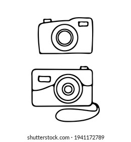 Set of cameras drawn in outline doodle style.  Equipment for photographs.  Vector.  Illustration on white background.