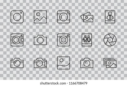 Set of cameras and photo, vector line icons. Contains symbols of portraits and family photos and much more. Editable move. 32x32 pixels.