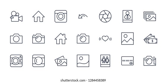 Set of cameras and photo, vector line icons. Contains symbols of