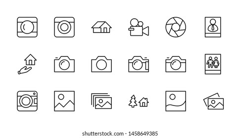 Set of Cameras and photo, vector line icons. Contains symbols of portraits and family photos and much more. Editable Stroke. 32x32 pixels