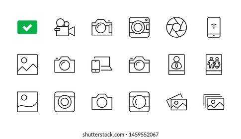 Set of Cameras and photo, vector line icons. Contains symbols of portraits and family photos and much more. Editable Stroke. 32x32 pixels