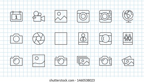 Set of Cameras and photo, vector line icons. Contains symbols of portraits and family photos and much more. Editable Stroke. 32x32 pixels