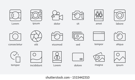 Set of Cameras and photo, vector line icons. Contains symbols of portraits and family photos and much more. Editable Stroke. 32x32 pixels.
