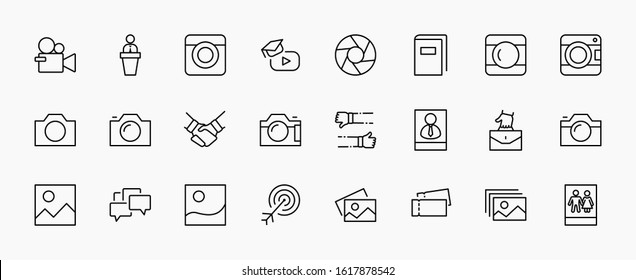 Set of Cameras and photo, vector line icons. Contains symbols of portraits and family photos and much more. Editable Stroke. 32x32 pixels