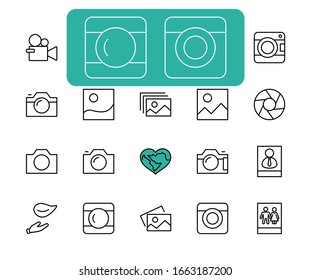 Set of Cameras and photo, vector line icons. Contains symbols of portraits and family photos and much more. Editable Stroke. 32x32 pixels