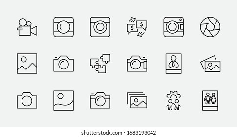 Set of Cameras and photo, vector line icons. Contains symbols of portraits and family photos and much more. Editable Stroke. 32x32 pixels