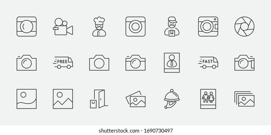 Set of Cameras and photo, vector line icons. Contains symbols of portraits and family photos and much more. Editable Stroke. 32x32 pixels