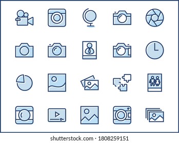 Set of Cameras and photo, vector line icons. Contains symbols of portraits and family photos and much more. Editable Stroke. 32x32 pixels