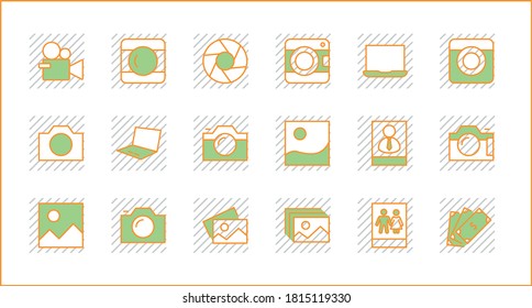 Set of Cameras and photo, vector line icons. Contains symbols of portraits and family photos and much more. Editable Stroke. 