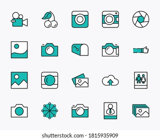 Conjunto de cámaras y fotos, iconos de línea vectorial. Contiene símbolos de retratos y fotos familiares y mucho más. Stroke editable. 32 x 32 píxeles