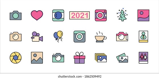 Conjunto de cámaras y fotos, iconos de línea vectorial. Contiene símbolos de retratos y fotos familiares y mucho más. Stroke editable. 32 x 32 píxeles
