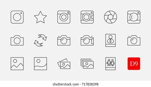 Set of cameras and photo, vector line icons. Contains symbols of portraits and family photos and much more. Editable move. 32x32 pixels.