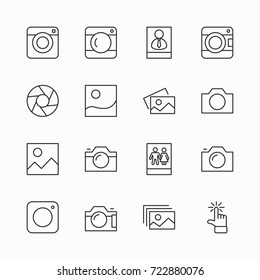 Set of cameras and photo, vector line icons. Contains symbols of portraits and family photos and much more. Editable move. 32x32 pixels.