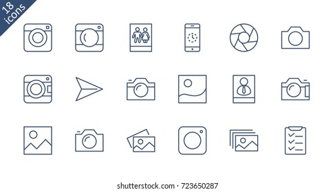 Set of cameras and photo, vector line icons. Contains symbols of portraits and family photos and much more. Editable move. 32x32 pixels.
