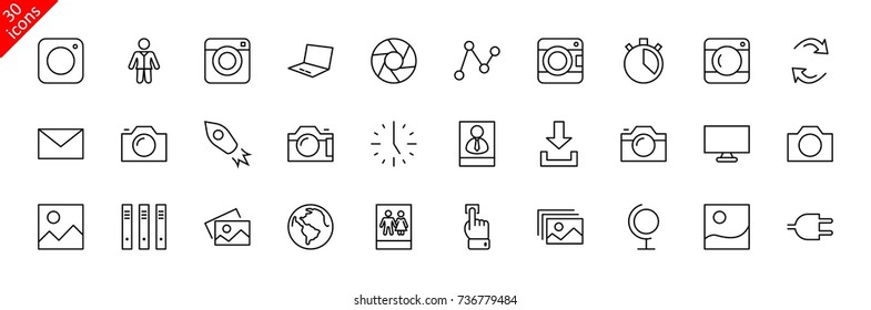 Set of cameras and photo, vector line icons. Contains symbols of portraits and family photos and much more. Editable move. 32x32 pixels.