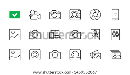 Set of Cameras and photo, vector line icons. Contains symbols of portraits and family photos and much more. Editable Stroke. 32x32 pixels