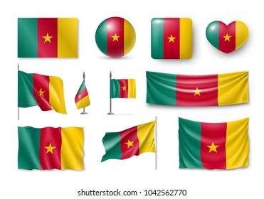 Set Cameroon flags, banners, symbols, flat icon. Vector illustration of collection of african national symbols on various objects and state signs