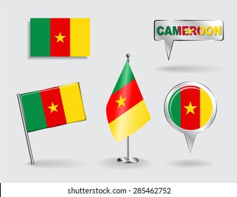 Set of Cameroon pin, icon and map pointer flags. Vector illustration.