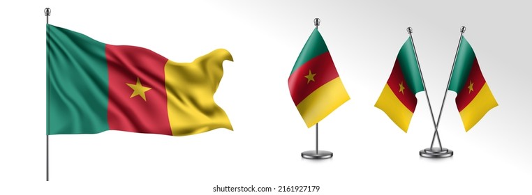 Set of Cameroon waving flag on isolated background vector illustration. 3 Cmaeroonian wavy realistic flag as a patriotic symbol