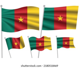 Set of Cameroon waving flag on isolated background vector illustration. 3 green red Cameroonian wavy realistic flag as a patriotic symbol
