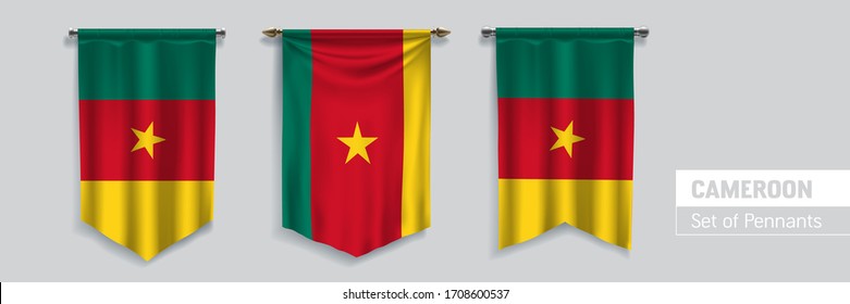 Set of Cameroon waving pennants on isolated background vector illustration. 3 Cameroonian wavy realistic pennon as a symbol of patriotism
