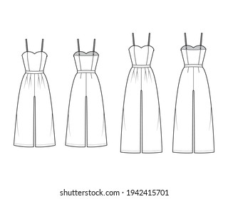 Set of cami jumpsuits culotte overall technical fashion illustration with full ankle length, normal waist, rise, double pleats, strap. Flat front, back white color. Women, men unisex CAD mockup