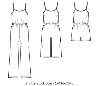 Set of Camisole jumpsuits Dungaree overall technical fashion illustration with full knee mini length, normal elastic waist, oversized, pockets. Flat front, white color style. Women, unisex CAD mockup