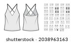 Set of camisole tops, shirts, tanks, blouses technical fashion illustration with wide narrow shoulder straps, fitted oversized body. Flat apparel template front, back, grey color. Women men CAD mockup