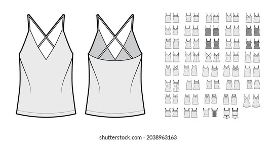 Eine Reihe von Kamisole-Spitzen, Hemden, Tanks, blusst technische Modegrafik mit breiten schmalen Schultergurten, überdimensioniertem Körper. Flache Bekleidungsschablone vorne, hinten, graue Farbe. Frauen-CAD-Modell