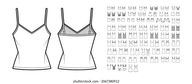 Set of camisole tops, shirts, tanks, blouses technical fashion illustration with wide narrow shoulder straps, fitted oversized body. Flat apparel template front, back white color. Women men CAD mockup