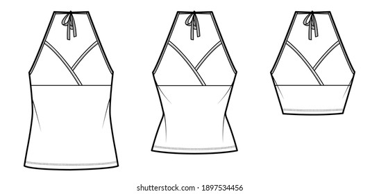 Set of Camisoles halter neck surplice tank technical fashion illustration with empire seam, bow, slim, oversized fit, crop, tunic length. Flat top template front white color. Women men CAD mockup