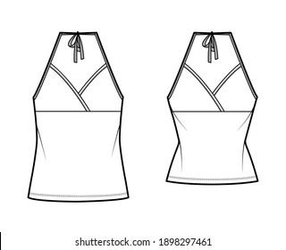 Set of Camisoles halter neck surplice tanks technical fashion illustration with empire seam, bow, slim, oversized fit, tunic length. Flat top template front, white color. Women men CAD mockup