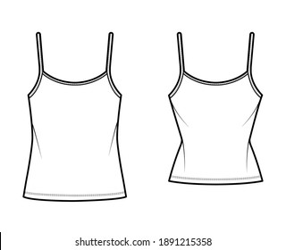 Juego de la mejor ilustración técnica de moda de la camiseta de algodón del cuello de la cuchara de Camisoles con correas delgadas ajustables, ajuste delgado y sobredimensionado, longitud de la túnica. Color blanco frontal del tanque plano. Hombres mujeres CAD mofa