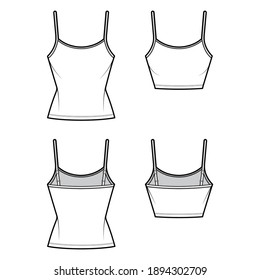 Set of Camisoles scoop neck cotton-jersey top technical fashion illustration with thin adjustable straps, slim fit, crop, tunic length. Flat tank template front back white color. Women men CAD mockup