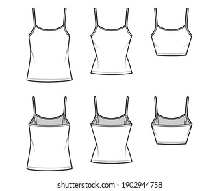 Set of Camisoles scoop neck cotton-jersey top technical fashion illustration with adjustable straps, slim, oversized fit, crop and tunic length. Flat tank front back white color. Women men CAD mockup