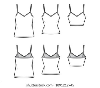 Set of Camisoles V-neck cotton-jersey top technical fashion illustration with thin straps, oversized or slim body, tunic or crop length. Flat tank template front back white color. Women men CAD mockup