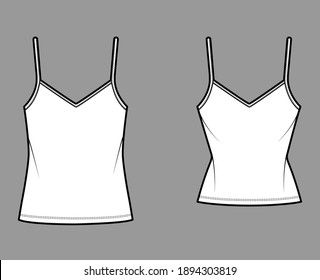 Juego de Camisoles V-neck algodón-jersey superior ilustración de moda técnica con correas delgadas ajustables, cuerpo sobredimensionado o delgado, longitud túnica. Plantilla de tanque plano frontal, color blanco. Mockup de Women CAD