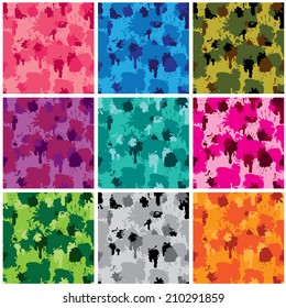 Set of camouflage fabric patterns - different colors. Seamless backgrounds in grunge style. Ready to use as swatch. 