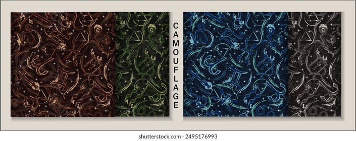 Set of camouflage grunge patterns with icons of horoscope, zodiac signs, stars, smudge, splattered paint. Esoteric mystic concept. For prints, clothing, t shirt, surface design