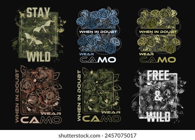 Set of camouflage labels with text, rose flowers, nature elements. T shirt graphics in grunge style. For apparel, fabric, textile, sport goods. Not AI