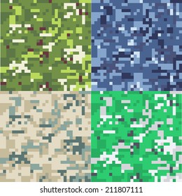Set of camouflage military background in pixel style. Seamless pattern.
