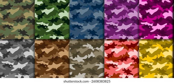 Set of camouflage military hunting seamless vector texture pattern for fabrics, print, textile, wallpaper, garments, clothing, wrapping paper and background. 10 camo vector illustrations.