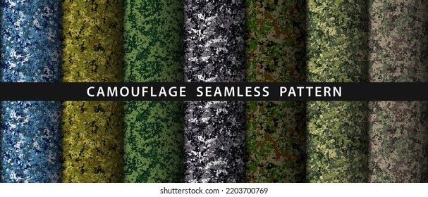 Set camouflage military seamless pattern. Vector soldier uniform fabrix texture. Pixel camo clothing textile.