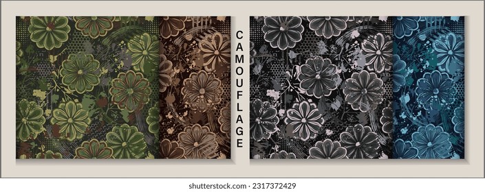 Set of camouflage patterns with chamomile flower,grunge paint brush strokes, abstract paint splatter, smudge, hexagon shapes. Good for apparel, fabric, textile, sport goods. Grunge texture