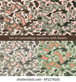 Set of camouflage patterns with hearts.