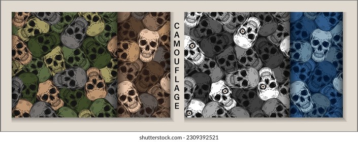 Set of camouflage patterns with human skulls. Vintage style. Dense random chaotic composition. Good for apparel, fabric, textile, sport goods.