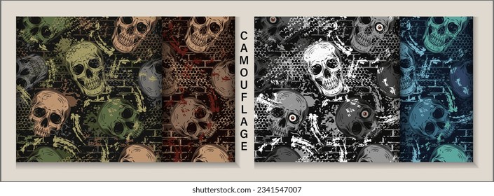 Conjunto de patrones de camuflaje con calaveras humanas, paredes de ladrillo, pinceles abstractos, formas. Composición caótica aleatoria. Bien por prendas de vestir, ropa, tela, textiles, artículos deportivos.