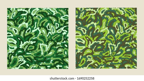 Conjunto de patrones de camuflaje. Muchos puntos estirados en colores verdes. Posición de los elementos de imagen. Conjunto de imágenes vectoriales. 
